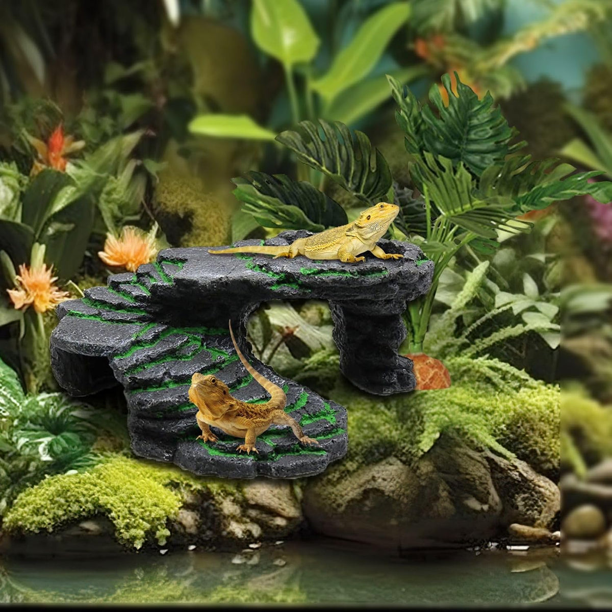 Reptile Hideout Cave,Turtle Tank Accessories Decor,Basking Platform for Bearded Dragon,Snake and Leopard Gecko.(Grey Hill-M-Kit)