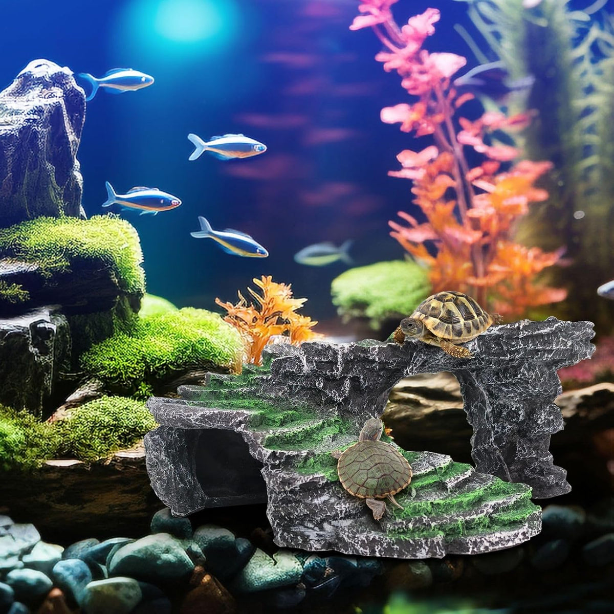 Reptile Hideout Cave,Turtle Tank Accessories Decor,Basking Platform for Bearded Dragon,Snake and Leopard Gecko.(Grey Hill-M-Kit)