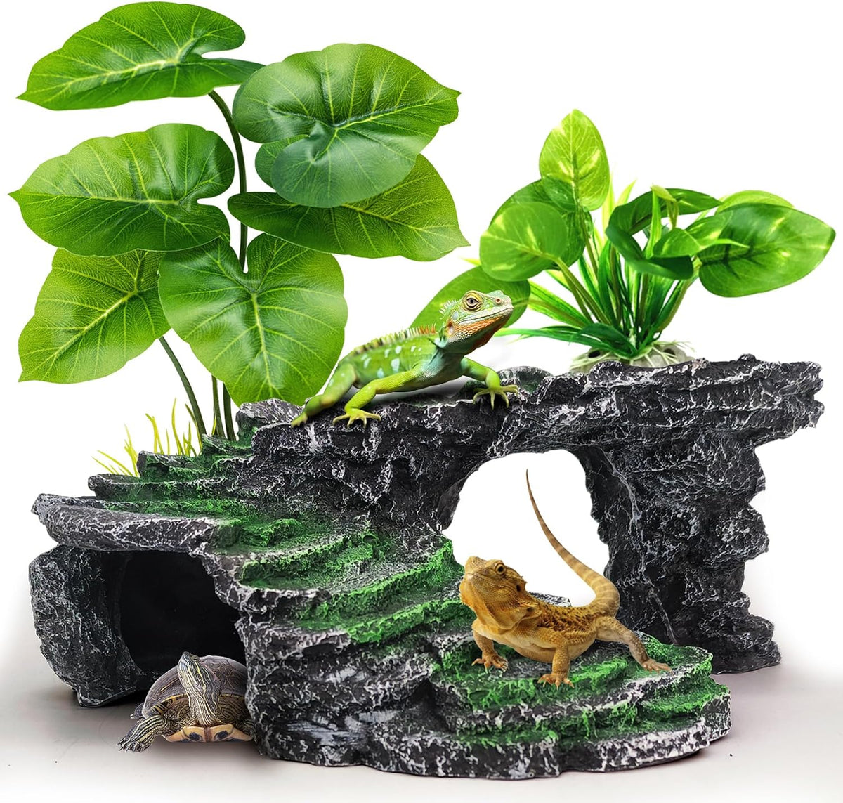 Reptile Hideout Cave,Turtle Tank Accessories Decor,Basking Platform for Bearded Dragon,Snake and Leopard Gecko.(Grey Hill-M-Kit)