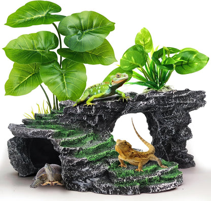 Reptile Hideout Cave,Turtle Tank Accessories Decor,Basking Platform for Bearded Dragon,Snake and Leopard Gecko.(Grey Hill-M-Kit)