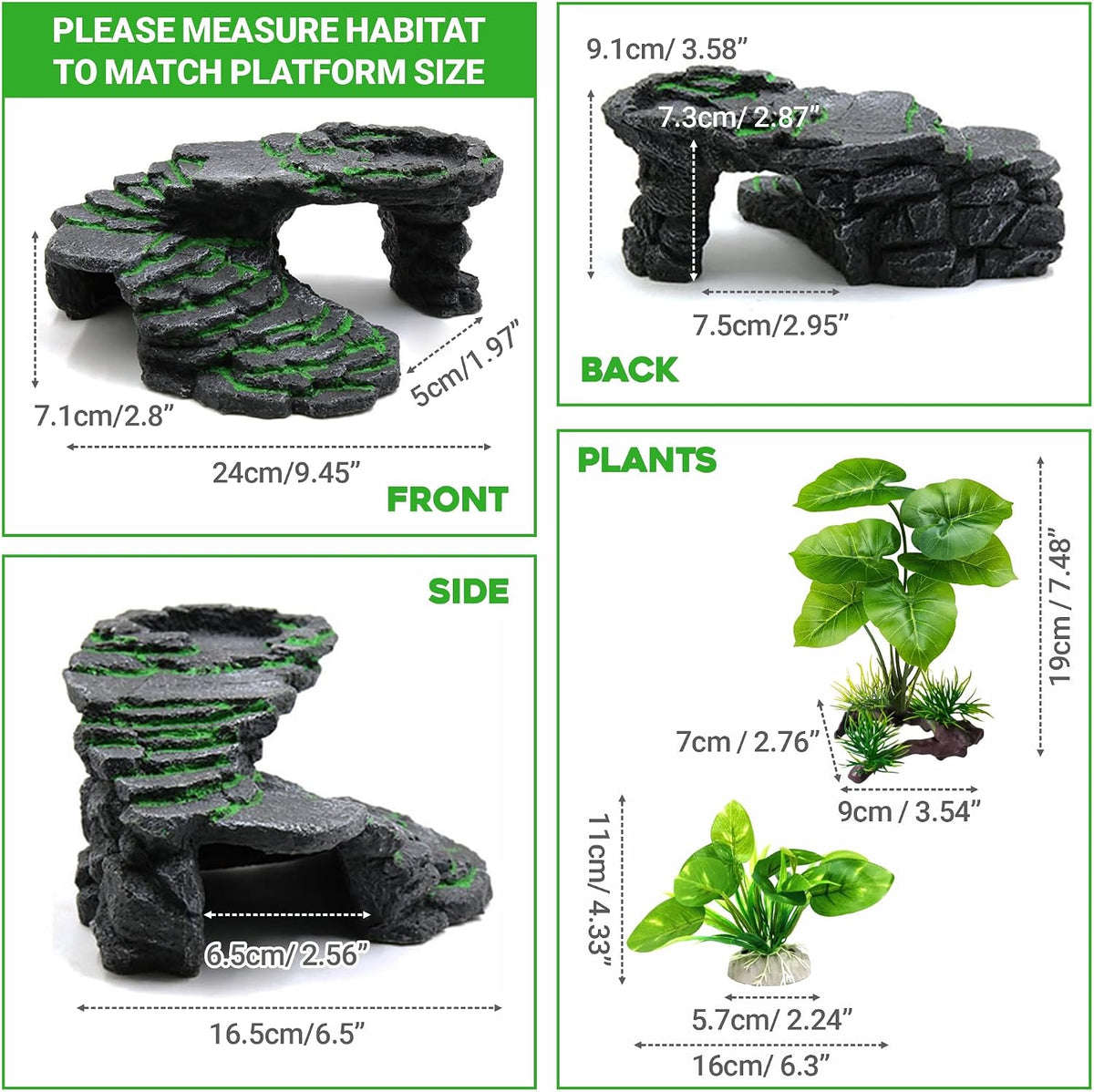Reptile Hideout Cave,Turtle Tank Accessories Decor,Basking Platform for Bearded Dragon,Snake and Leopard Gecko.(Grey Hill-M-Kit)