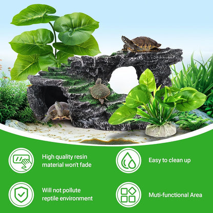 Reptile Hideout Cave,Turtle Tank Accessories Decor,Basking Platform for Bearded Dragon,Snake and Leopard Gecko.(Grey Hill-M-Kit)
