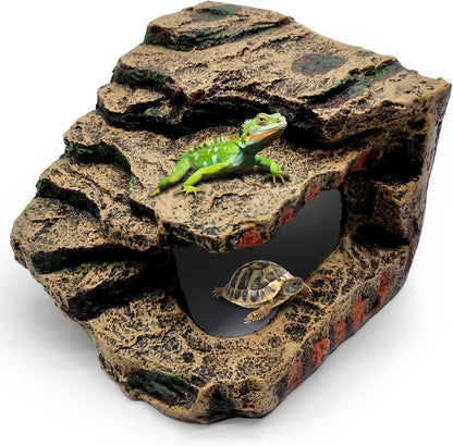 Reptile Hideout Cave,Turtle Tank Accessories Decor,Basking Platform for Bearded Dragon,Snake and Leopard Gecko.(Grey Hill-M-Kit)