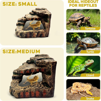 Reptile Hideout Cave,Turtle Tank Accessories Decor,Basking Platform for Bearded Dragon,Snake and Leopard Gecko.(Grey Hill-M-Kit)