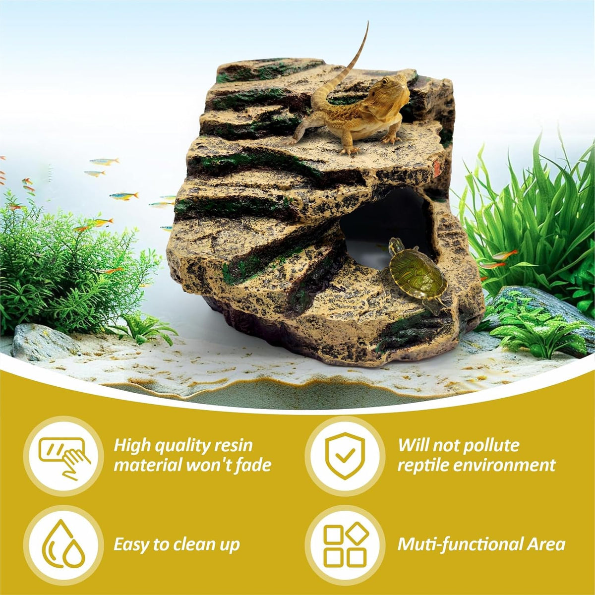 Reptile Hideout Cave,Turtle Tank Accessories Decor,Basking Platform for Bearded Dragon,Snake and Leopard Gecko.(Grey Hill-M-Kit)