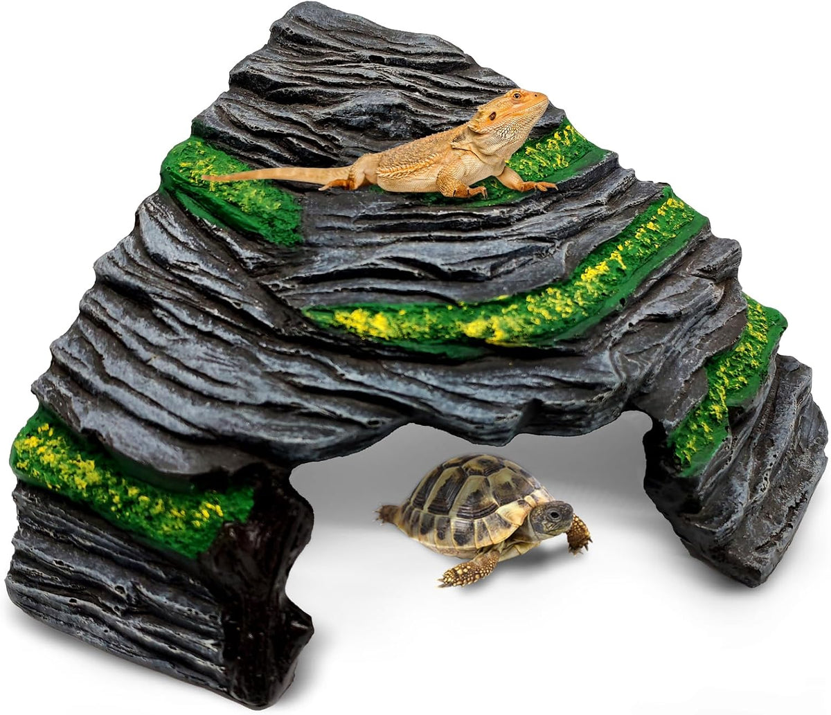 Reptile Hideout Cave,Turtle Tank Accessories Decor,Basking Platform for Bearded Dragon,Snake and Leopard Gecko.(Grey Hill-M-Kit)