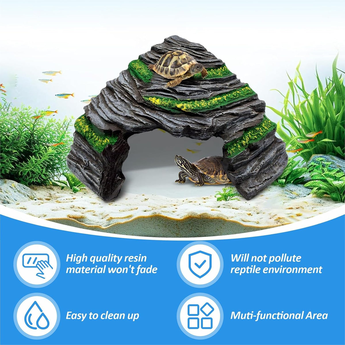 Reptile Hideout Cave,Turtle Tank Accessories Decor,Basking Platform for Bearded Dragon,Snake and Leopard Gecko.(Grey Hill-M-Kit)