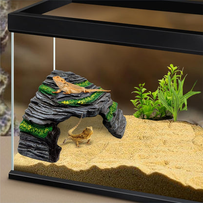 Reptile Hideout Cave,Turtle Tank Accessories Decor,Basking Platform for Bearded Dragon,Snake and Leopard Gecko.(Grey Hill-M-Kit)