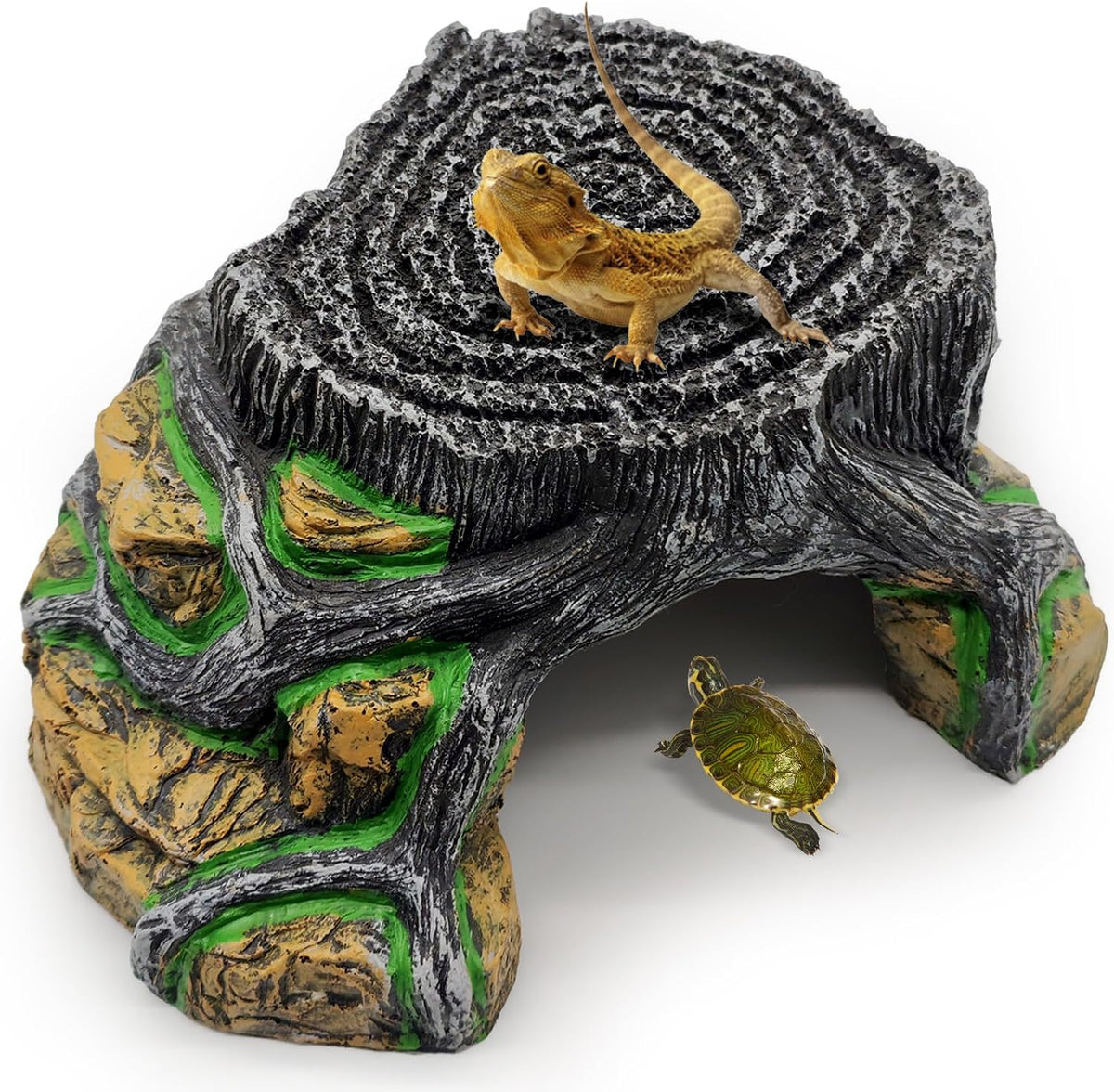 Reptile Hideout Cave,Turtle Tank Accessories Decor,Basking Platform for Bearded Dragon,Snake and Leopard Gecko.(Grey Hill-M-Kit)
