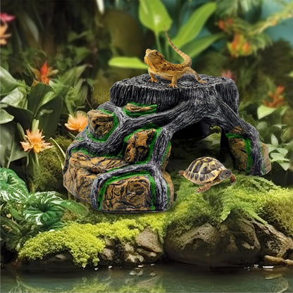 Reptile Hideout Cave,Turtle Tank Accessories Decor,Basking Platform for Bearded Dragon,Snake and Leopard Gecko.(Grey Hill-M-Kit)