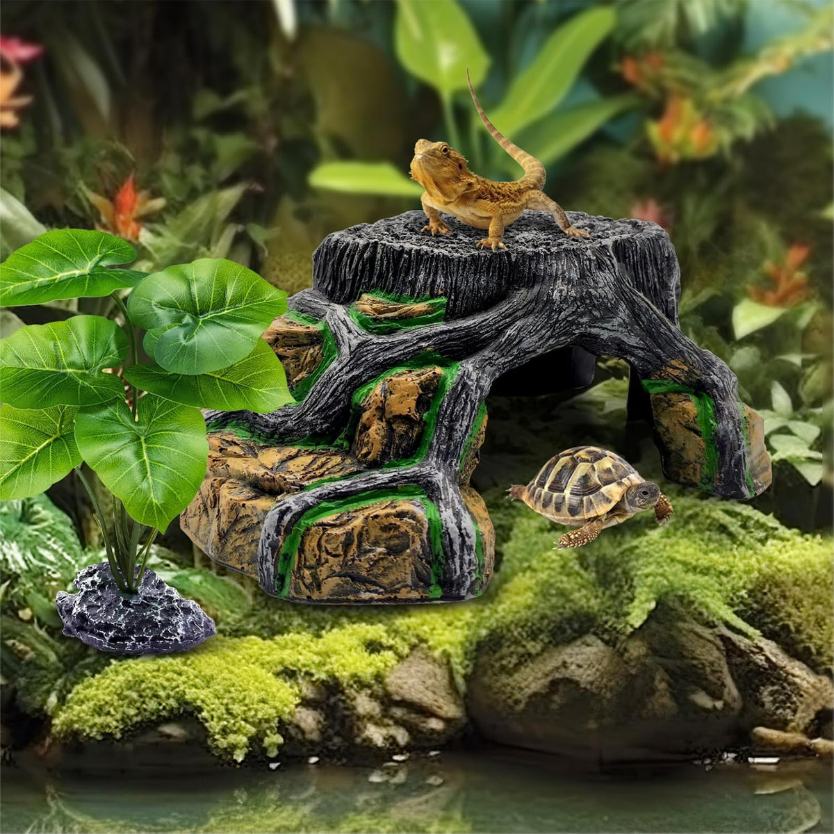 Reptile Hideout Cave,Turtle Tank Accessories Decor,Basking Platform for Bearded Dragon,Snake and Leopard Gecko.(Grey Hill-M-Kit)