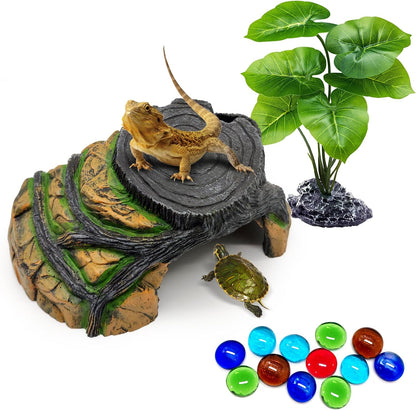 Reptile Hideout Cave,Turtle Tank Accessories Decor,Basking Platform for Bearded Dragon,Snake and Leopard Gecko.(Grey Hill-M-Kit)