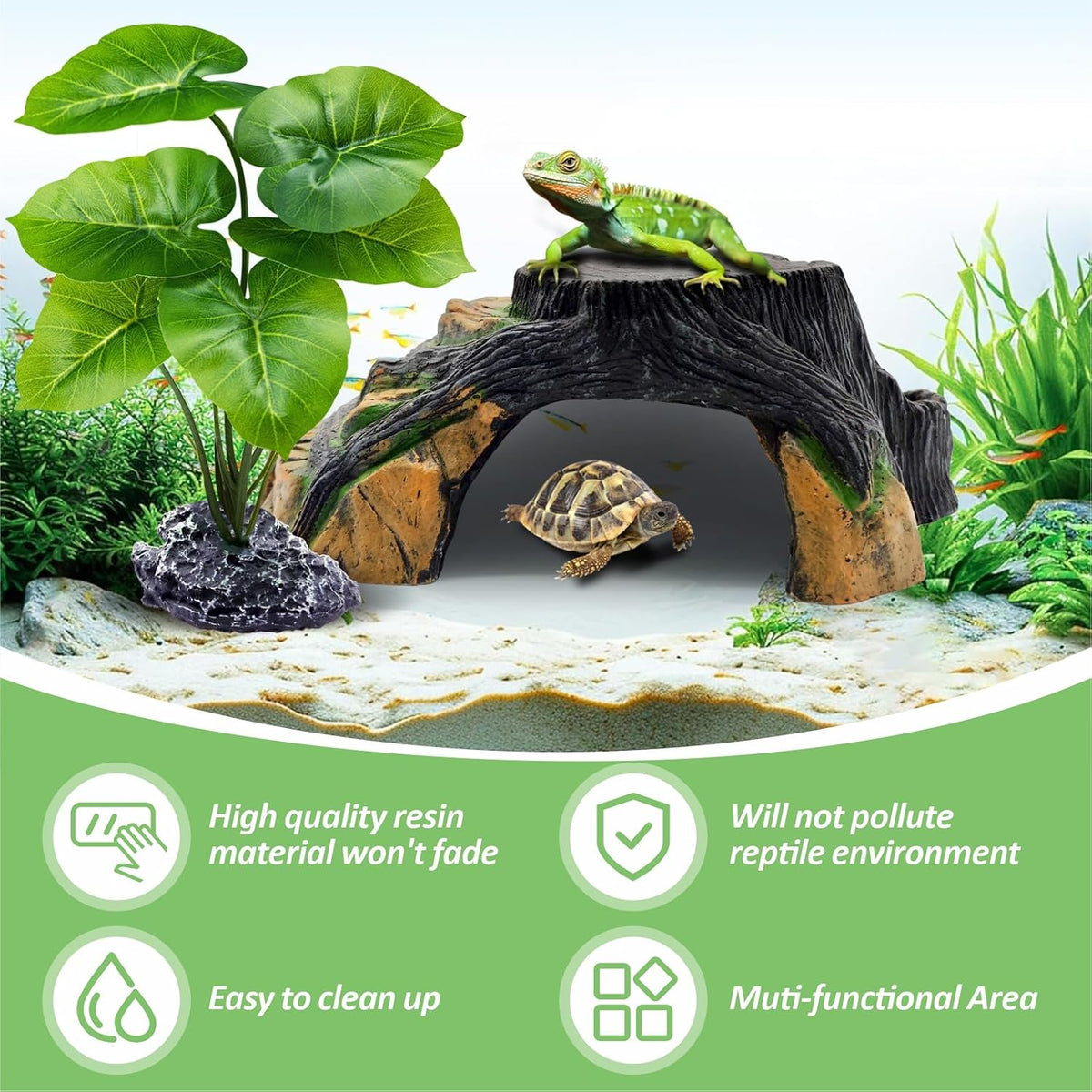 Reptile Hideout Cave,Turtle Tank Accessories Decor,Basking Platform for Bearded Dragon,Snake and Leopard Gecko.(Grey Hill-M-Kit)