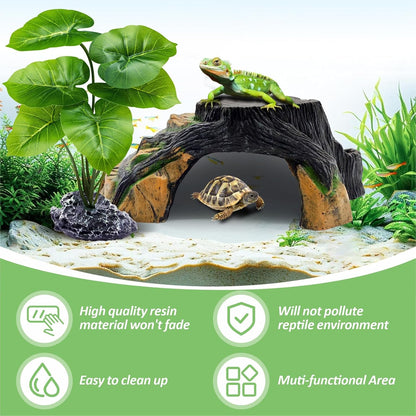 Reptile Hideout Cave,Turtle Tank Accessories Decor,Basking Platform for Bearded Dragon,Snake and Leopard Gecko.(Grey Hill-M-Kit)