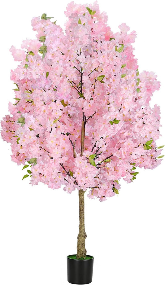 6FT Pink Artificial Cherry Blossom Tree, Realistic Potted Faux Cherry Tree, Silk Flower Fake Tree, Artificial Plants for Home Office Wedding Party Indoor Outdoor Front Door Decoration