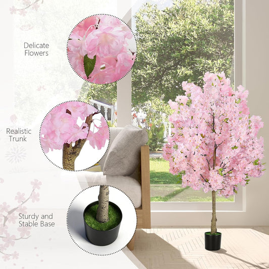 6FT Pink Artificial Cherry Blossom Tree, Realistic Potted Faux Cherry Tree, Silk Flower Fake Tree, Artificial Plants for Home Office Wedding Party Indoor Outdoor Front Door Decoration