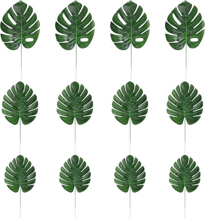 24PCS Green Artificial Palm Leaves, Faux Monstera Leaves Simulation Safari Leaves with Stems for Home Hawaiian Luau Party Jungle Beach Theme Party Decoration