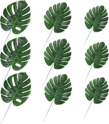 24PCS Green Artificial Palm Leaves, Faux Monstera Leaves Simulation Safari Leaves with Stems for Home Hawaiian Luau Party Jungle Beach Theme Party Decoration