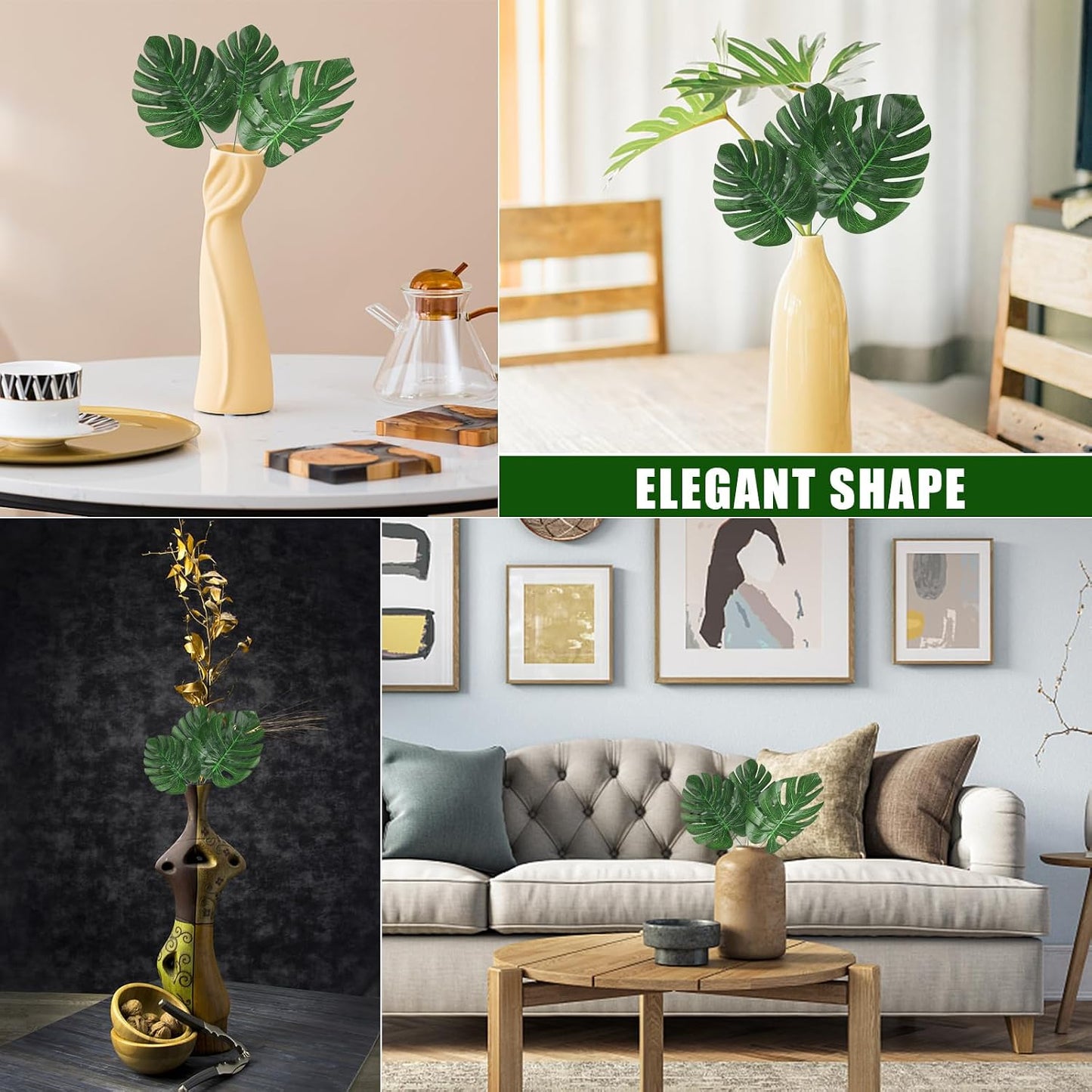 24PCS Green Artificial Palm Leaves, Faux Monstera Leaves Simulation Safari Leaves with Stems for Home Hawaiian Luau Party Jungle Beach Theme Party Decoration