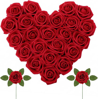 Artificial Flowers, 25 Pcs Dark Red Foam Real Looking Roses
