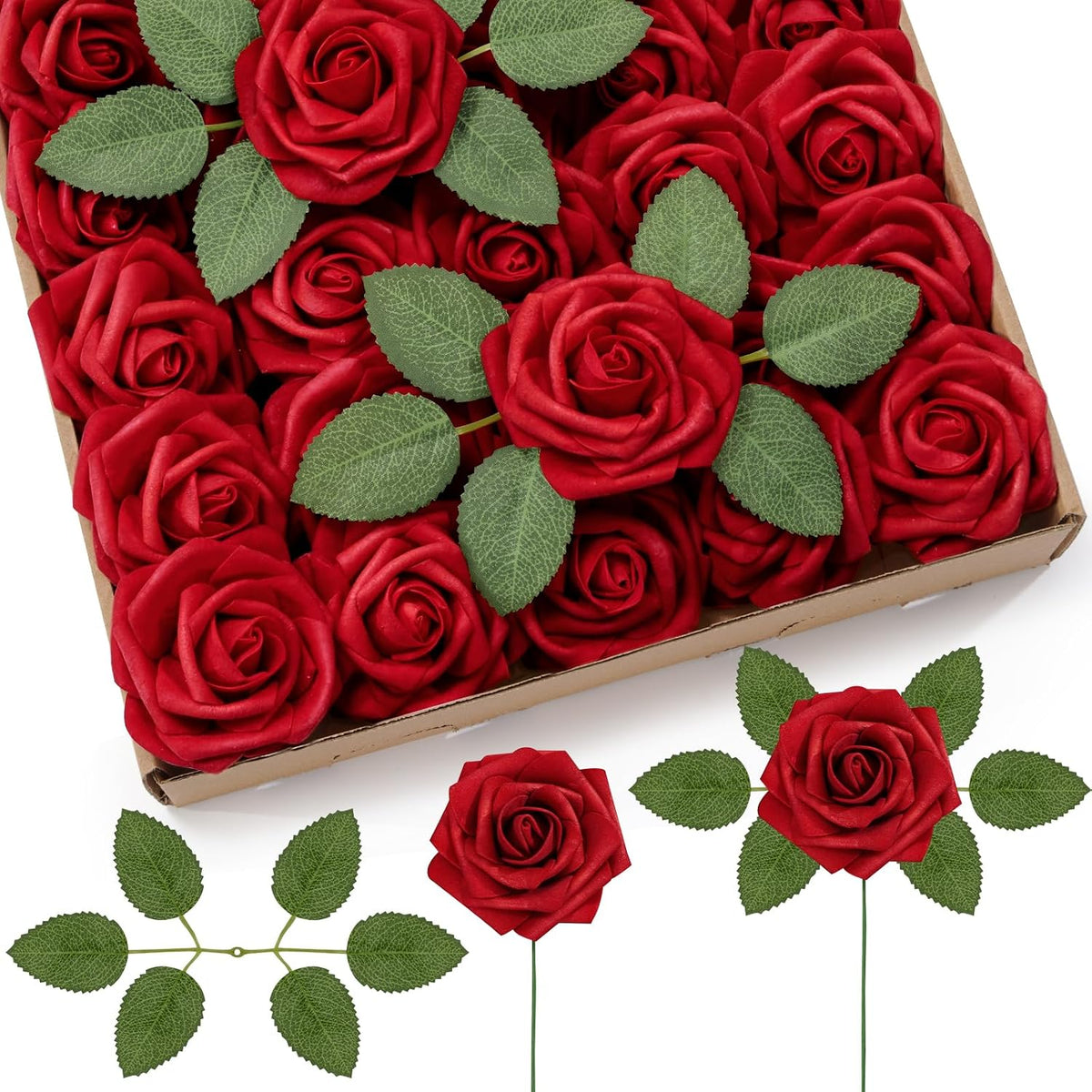 Artificial Flowers, 25 Pcs Dark Red Foam Real Looking Roses