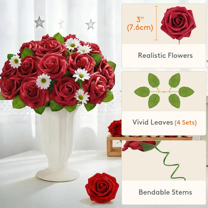 Artificial Flowers, 25 Pcs Dark Red Foam Real Looking Roses
