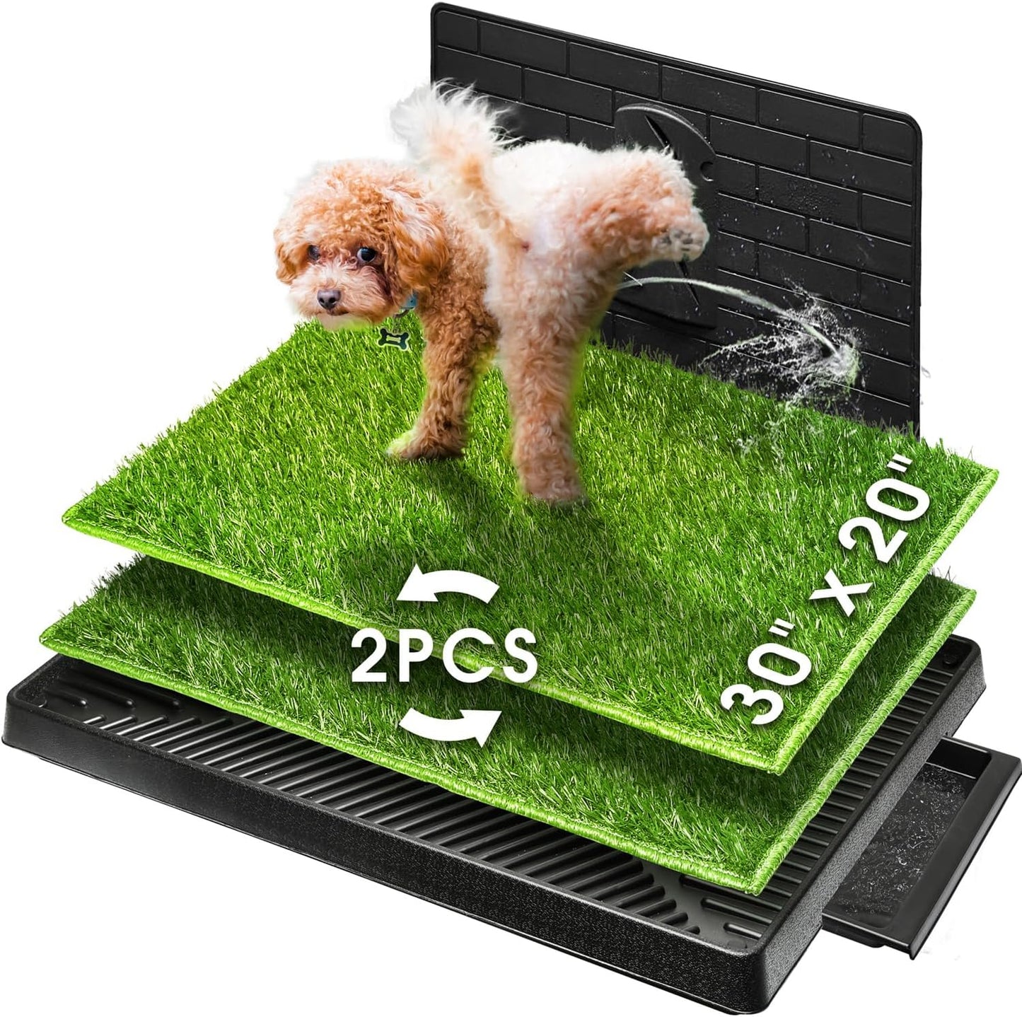 Dog Grass Pad with Tray Large, Puppy Turf Potty Reusable Training Pads with Pee Baffle, Artificial Grass Patch for Indoor and Outdoor Use, Ideal for Small and Medium Dogs (30"×20")