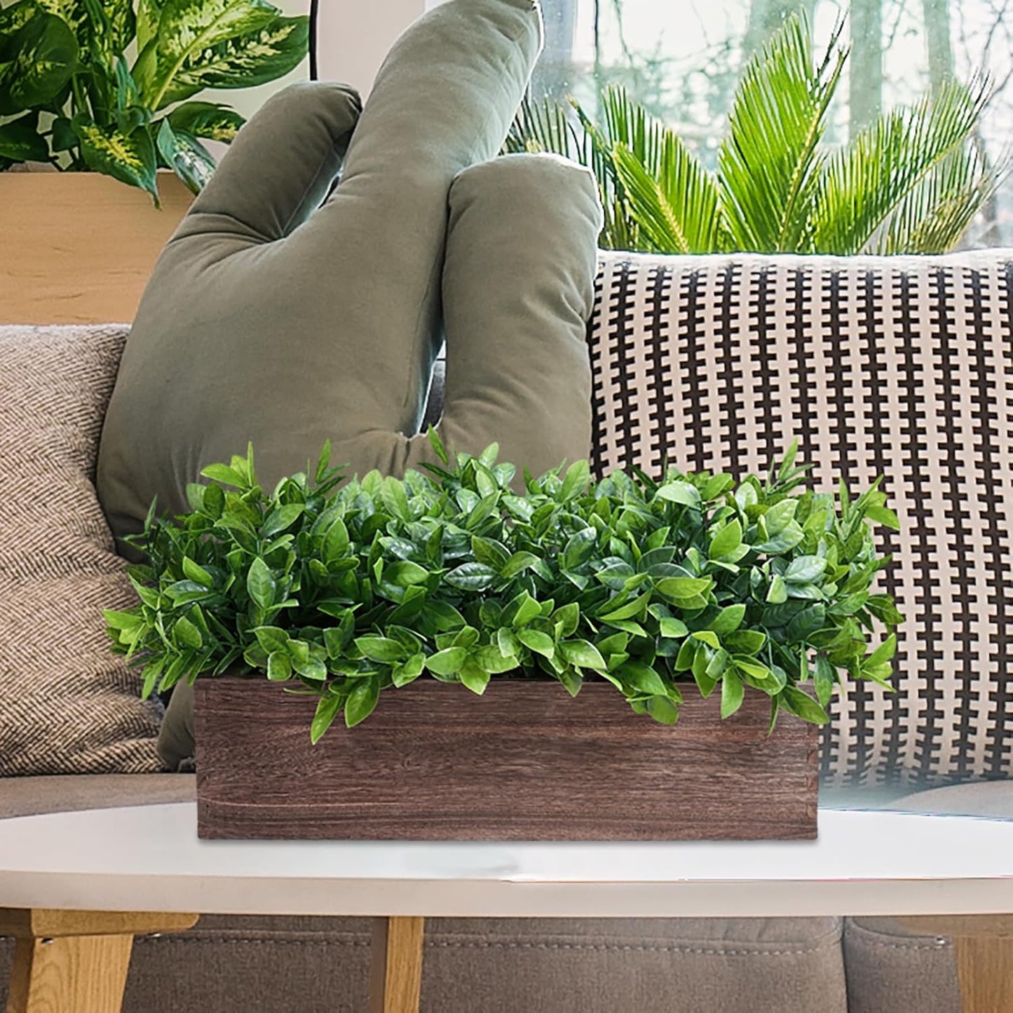 15" Assorted Artificial Succulent Arrangement Assorted Succulents in Rectangular Wooden Planter Faux Potted Plant for Farmhouse Table Centerpiece Windowsill Shelf Desk Mantel Greenery Décor
