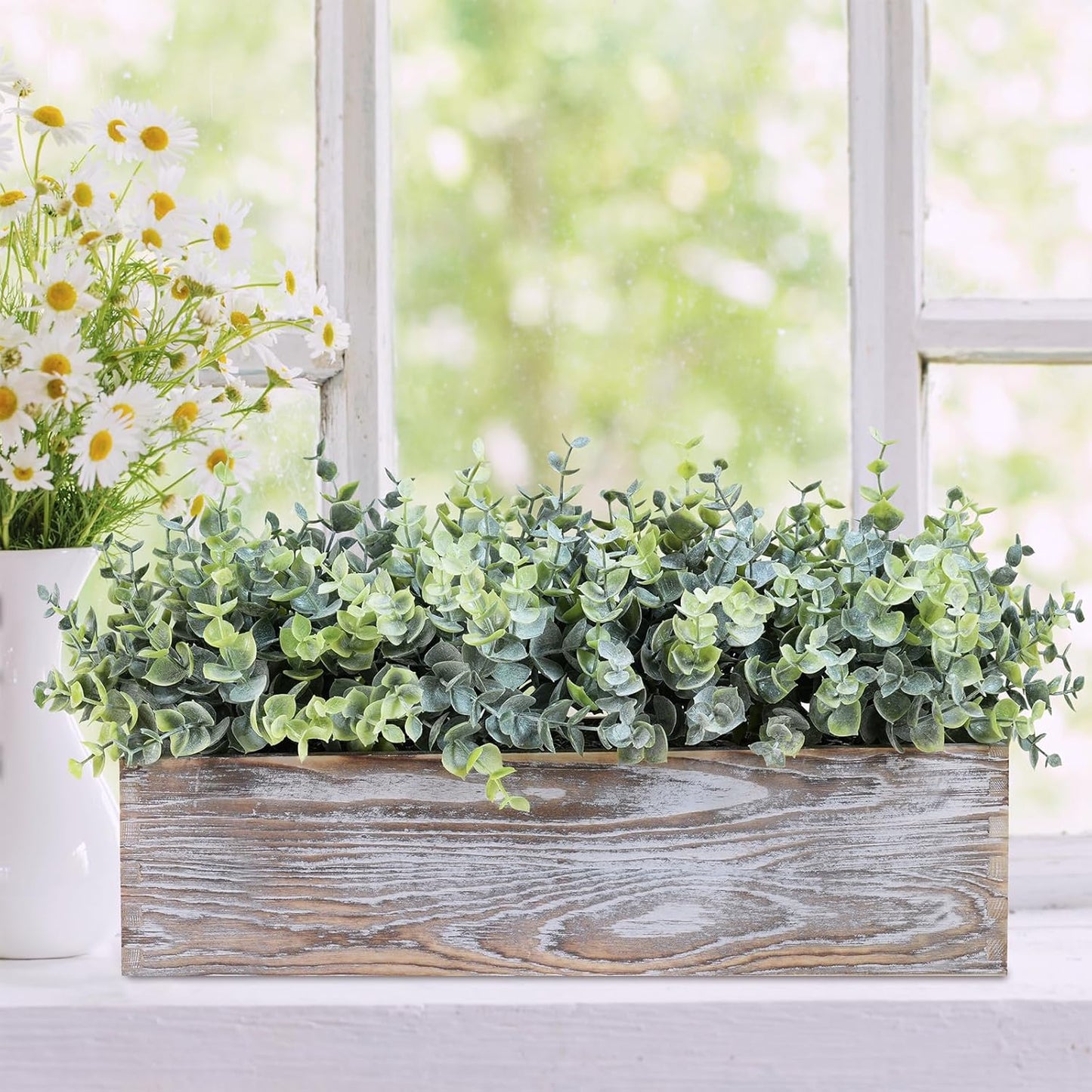 15" Assorted Artificial Succulent Arrangement Assorted Succulents in Rectangular Wooden Planter Faux Potted Plant for Farmhouse Table Centerpiece Windowsill Shelf Desk Mantel Greenery Décor