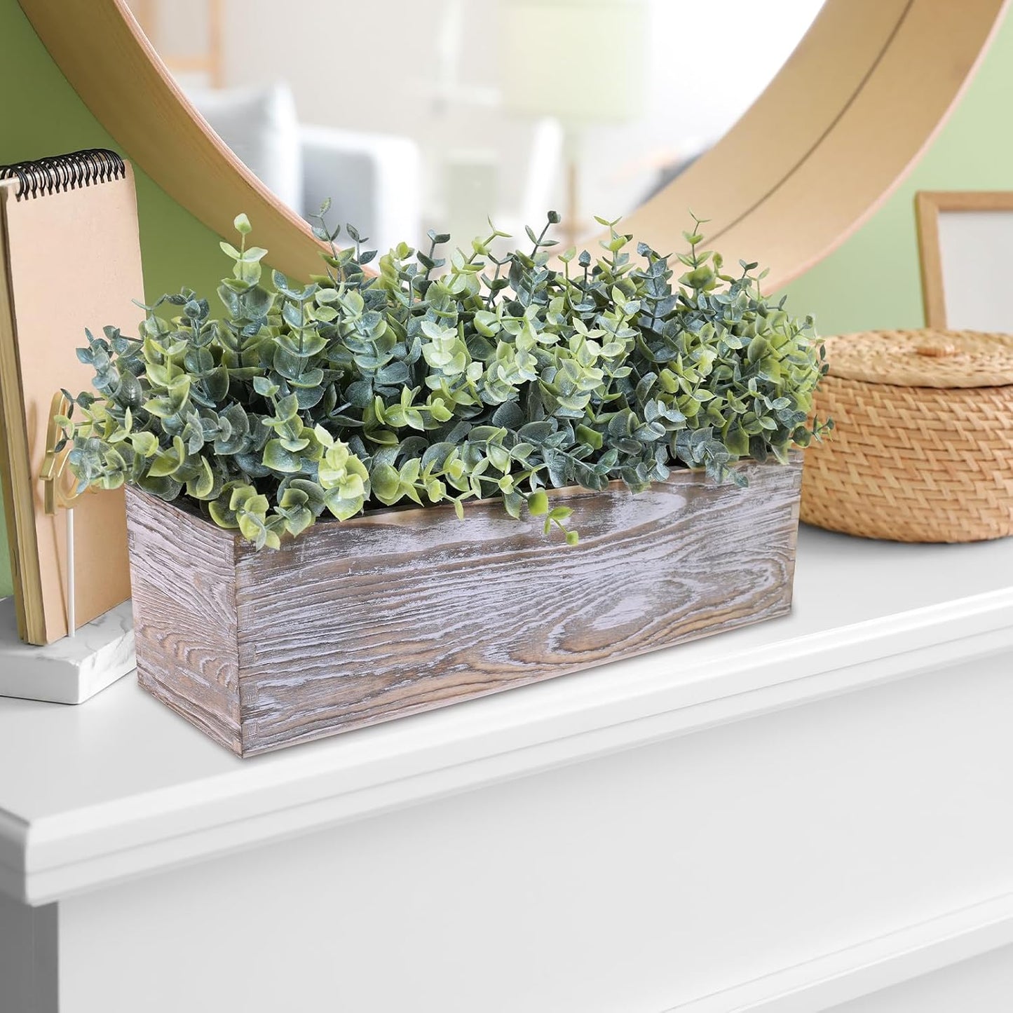 15" Assorted Artificial Succulent Arrangement Assorted Succulents in Rectangular Wooden Planter Faux Potted Plant for Farmhouse Table Centerpiece Windowsill Shelf Desk Mantel Greenery Décor