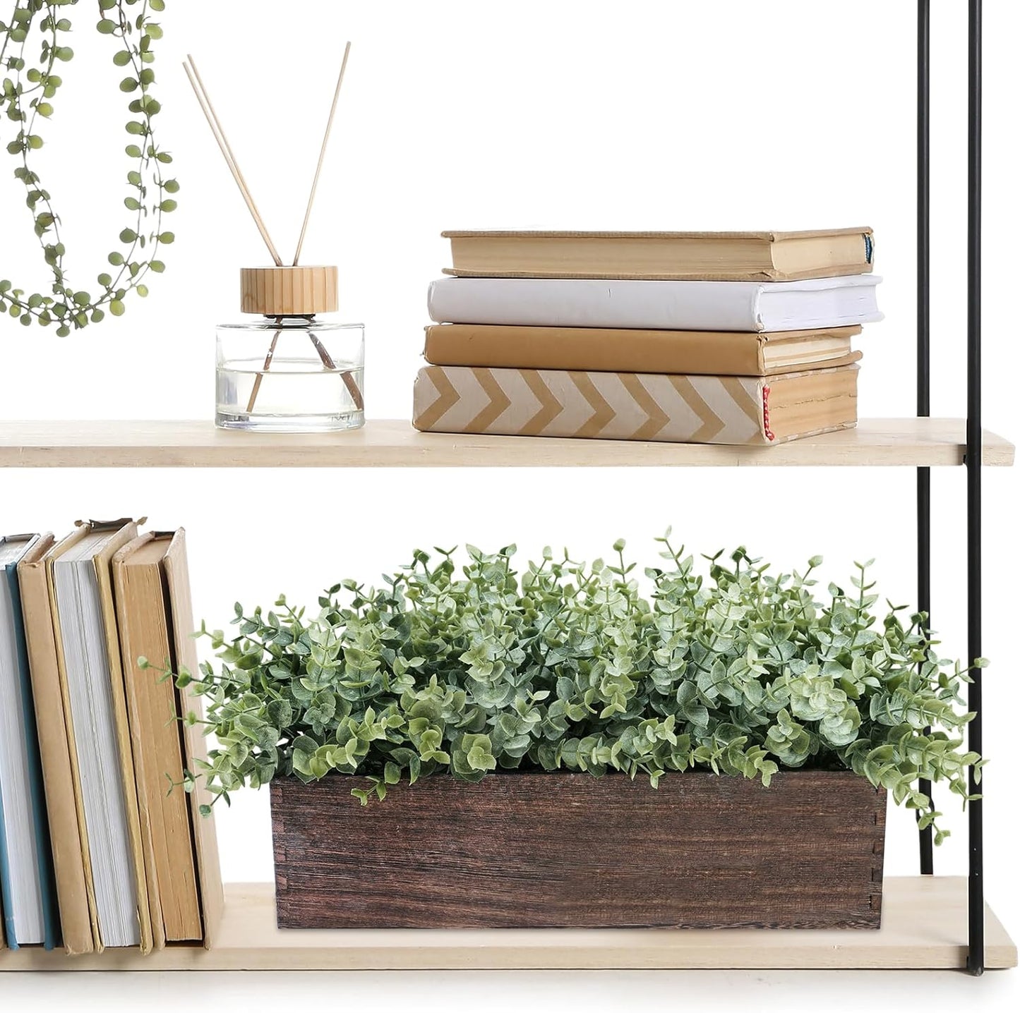 15" Assorted Artificial Succulent Arrangement Assorted Succulents in Rectangular Wooden Planter Faux Potted Plant for Farmhouse Table Centerpiece Windowsill Shelf Desk Mantel Greenery Décor