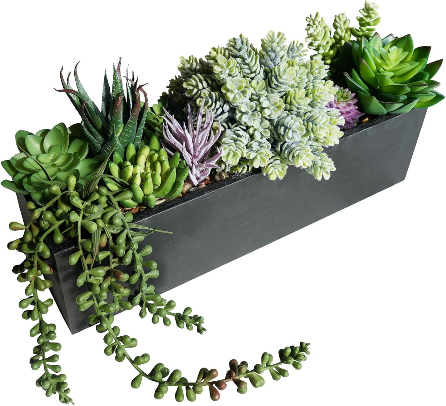 15" Assorted Artificial Succulent Arrangement Assorted Succulents in Rectangular Wooden Planter Faux Potted Plant for Farmhouse Table Centerpiece Windowsill Shelf Desk Mantel Greenery Décor