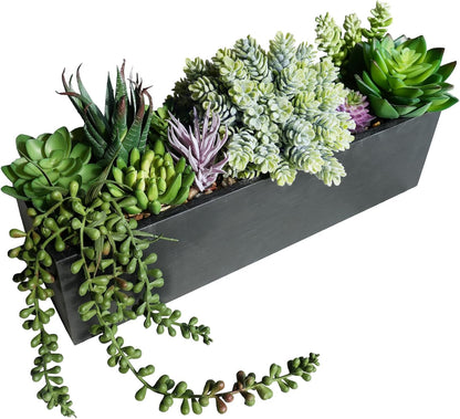 15" Assorted Artificial Succulent Arrangement Assorted Succulents in Rectangular Wooden Planter Faux Potted Plant for Farmhouse Table Centerpiece Windowsill Shelf Desk Mantel Greenery Décor