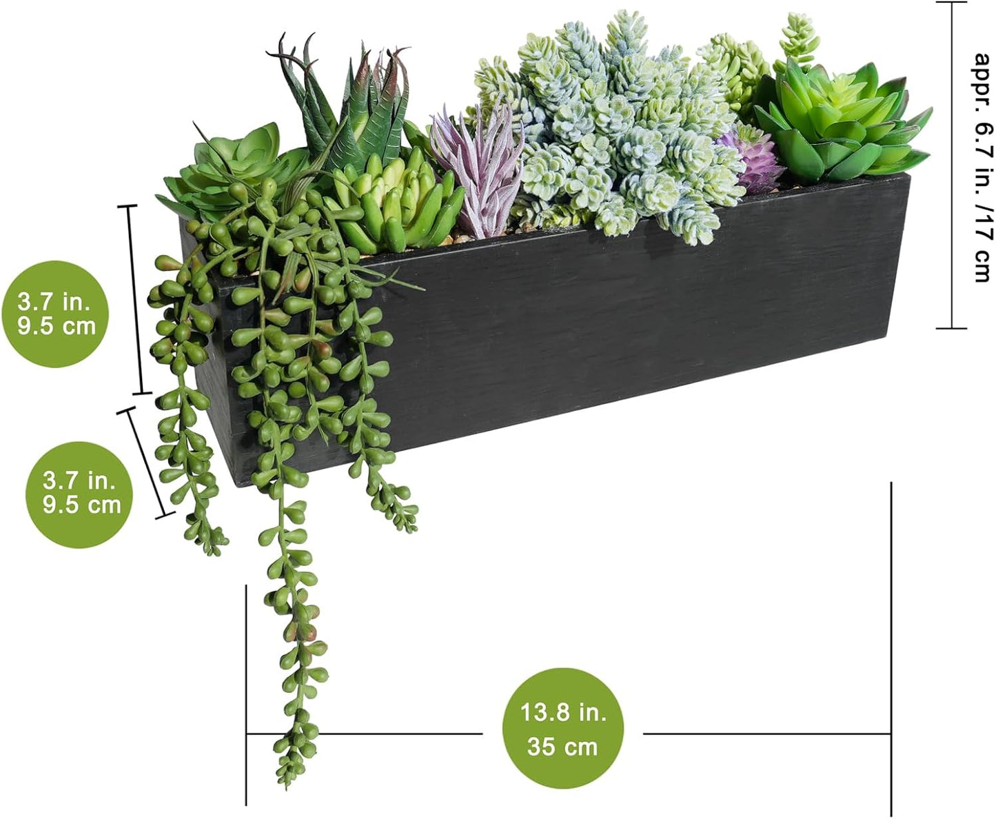 15" Assorted Artificial Succulent Arrangement Assorted Succulents in Rectangular Wooden Planter Faux Potted Plant for Farmhouse Table Centerpiece Windowsill Shelf Desk Mantel Greenery Décor