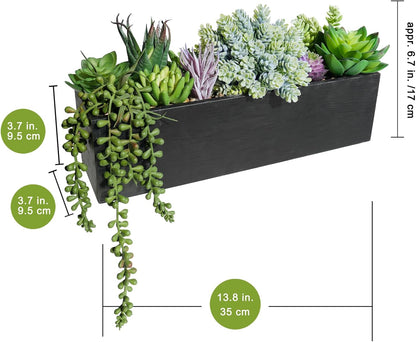 15" Assorted Artificial Succulent Arrangement Assorted Succulents in Rectangular Wooden Planter Faux Potted Plant for Farmhouse Table Centerpiece Windowsill Shelf Desk Mantel Greenery Décor