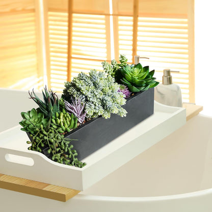 15" Assorted Artificial Succulent Arrangement Assorted Succulents in Rectangular Wooden Planter Faux Potted Plant for Farmhouse Table Centerpiece Windowsill Shelf Desk Mantel Greenery Décor