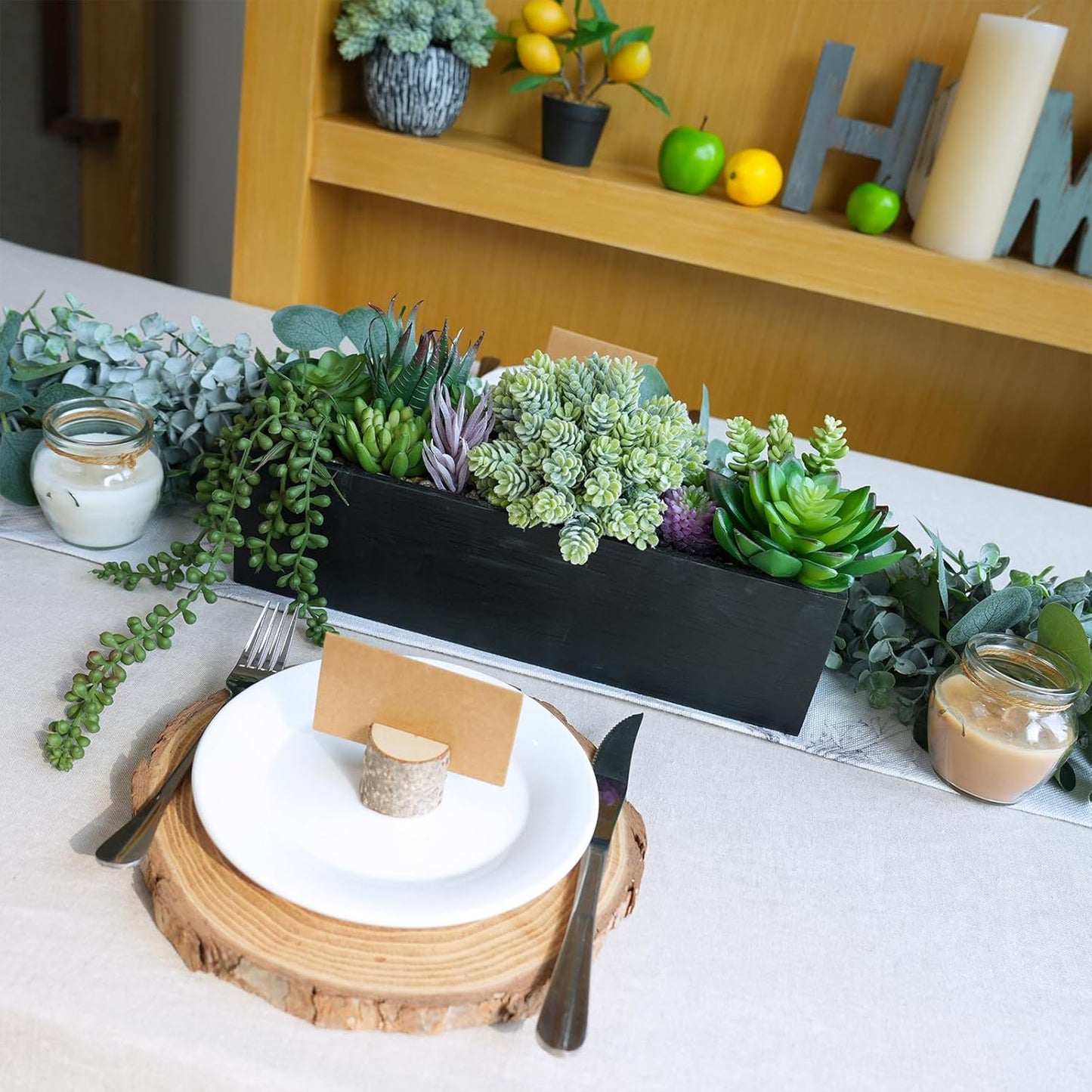 15" Assorted Artificial Succulent Arrangement Assorted Succulents in Rectangular Wooden Planter Faux Potted Plant for Farmhouse Table Centerpiece Windowsill Shelf Desk Mantel Greenery Décor
