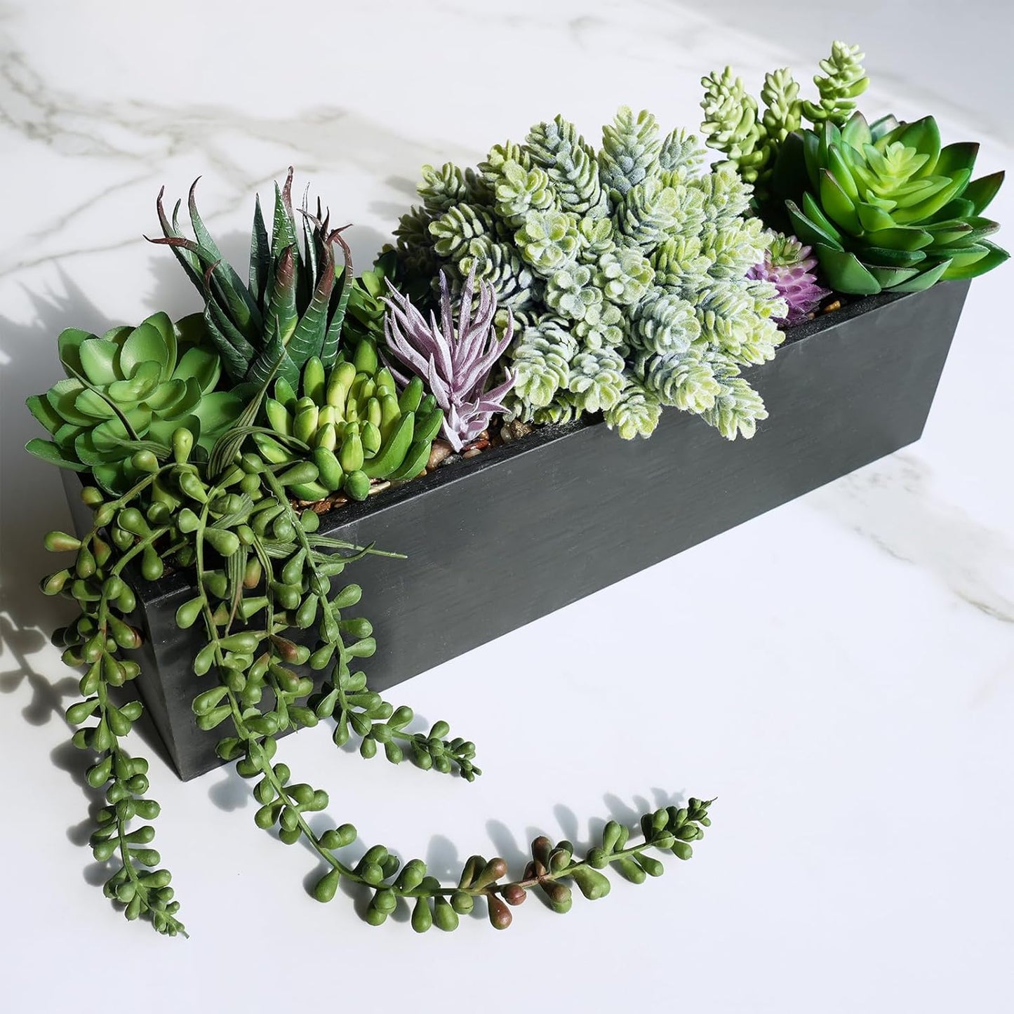 15" Assorted Artificial Succulent Arrangement Assorted Succulents in Rectangular Wooden Planter Faux Potted Plant for Farmhouse Table Centerpiece Windowsill Shelf Desk Mantel Greenery Décor