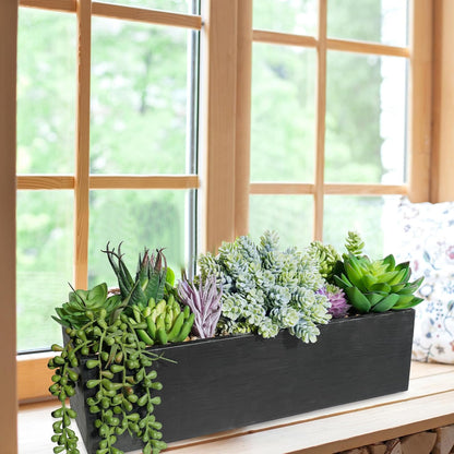 15" Assorted Artificial Succulent Arrangement Assorted Succulents in Rectangular Wooden Planter Faux Potted Plant for Farmhouse Table Centerpiece Windowsill Shelf Desk Mantel Greenery Décor