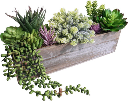 15" Assorted Artificial Succulent Arrangement Assorted Succulents in Rectangular Wooden Planter Faux Potted Plant for Farmhouse Table Centerpiece Windowsill Shelf Desk Mantel Greenery Décor