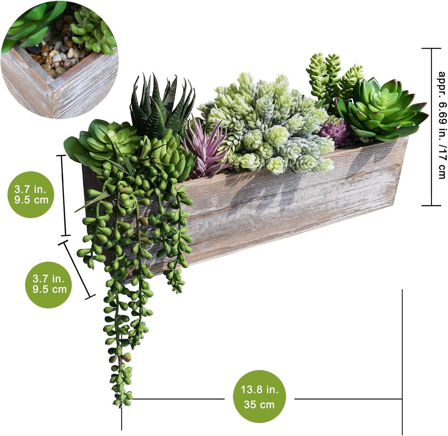 15" Assorted Artificial Succulent Arrangement Assorted Succulents in Rectangular Wooden Planter Faux Potted Plant for Farmhouse Table Centerpiece Windowsill Shelf Desk Mantel Greenery Décor
