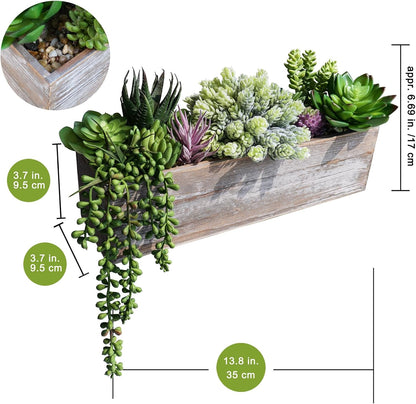 15" Assorted Artificial Succulent Arrangement Assorted Succulents in Rectangular Wooden Planter Faux Potted Plant for Farmhouse Table Centerpiece Windowsill Shelf Desk Mantel Greenery Décor