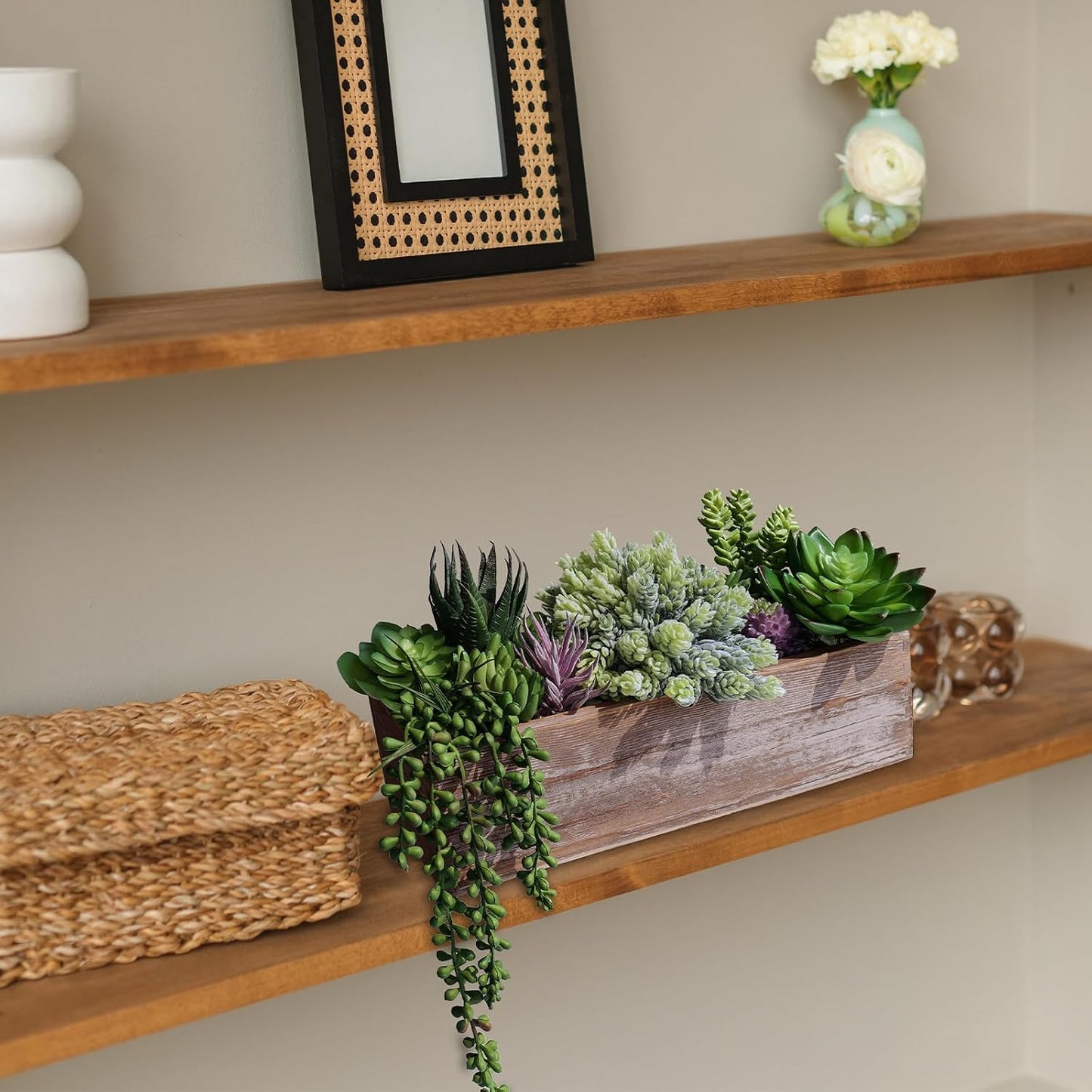 15" Assorted Artificial Succulent Arrangement Assorted Succulents in Rectangular Wooden Planter Faux Potted Plant for Farmhouse Table Centerpiece Windowsill Shelf Desk Mantel Greenery Décor