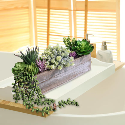 15" Assorted Artificial Succulent Arrangement Assorted Succulents in Rectangular Wooden Planter Faux Potted Plant for Farmhouse Table Centerpiece Windowsill Shelf Desk Mantel Greenery Décor