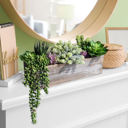 15" Assorted Artificial Succulent Arrangement Assorted Succulents in Rectangular Wooden Planter Faux Potted Plant for Farmhouse Table Centerpiece Windowsill Shelf Desk Mantel Greenery Décor