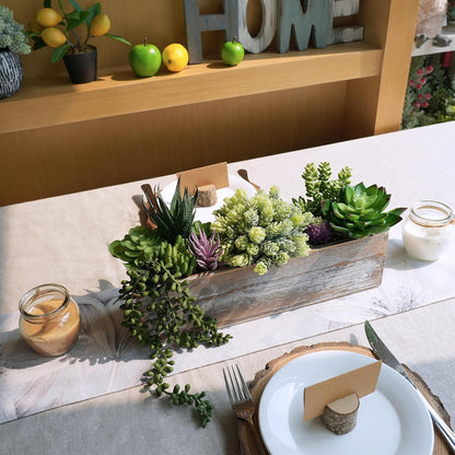 15" Assorted Artificial Succulent Arrangement Assorted Succulents in Rectangular Wooden Planter Faux Potted Plant for Farmhouse Table Centerpiece Windowsill Shelf Desk Mantel Greenery Décor