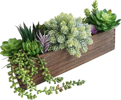 15" Assorted Artificial Succulent Arrangement Assorted Succulents in Rectangular Wooden Planter Faux Potted Plant for Farmhouse Table Centerpiece Windowsill Shelf Desk Mantel Greenery Décor