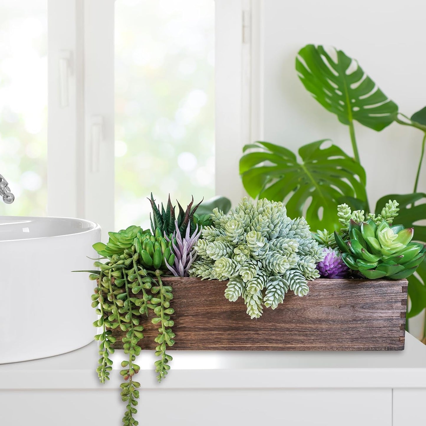 15" Assorted Artificial Succulent Arrangement Assorted Succulents in Rectangular Wooden Planter Faux Potted Plant for Farmhouse Table Centerpiece Windowsill Shelf Desk Mantel Greenery Décor
