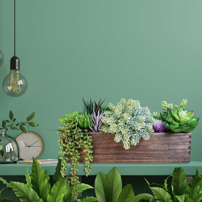 15" Assorted Artificial Succulent Arrangement Assorted Succulents in Rectangular Wooden Planter Faux Potted Plant for Farmhouse Table Centerpiece Windowsill Shelf Desk Mantel Greenery Décor