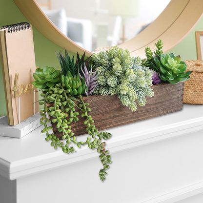 15" Assorted Artificial Succulent Arrangement Assorted Succulents in Rectangular Wooden Planter Faux Potted Plant for Farmhouse Table Centerpiece Windowsill Shelf Desk Mantel Greenery Décor
